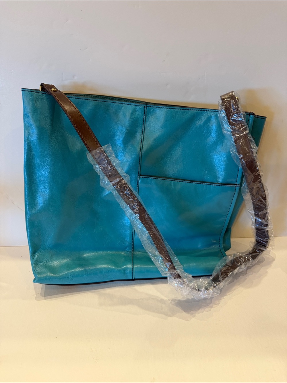 HOBO Teal Leather Tote with Brown Strap